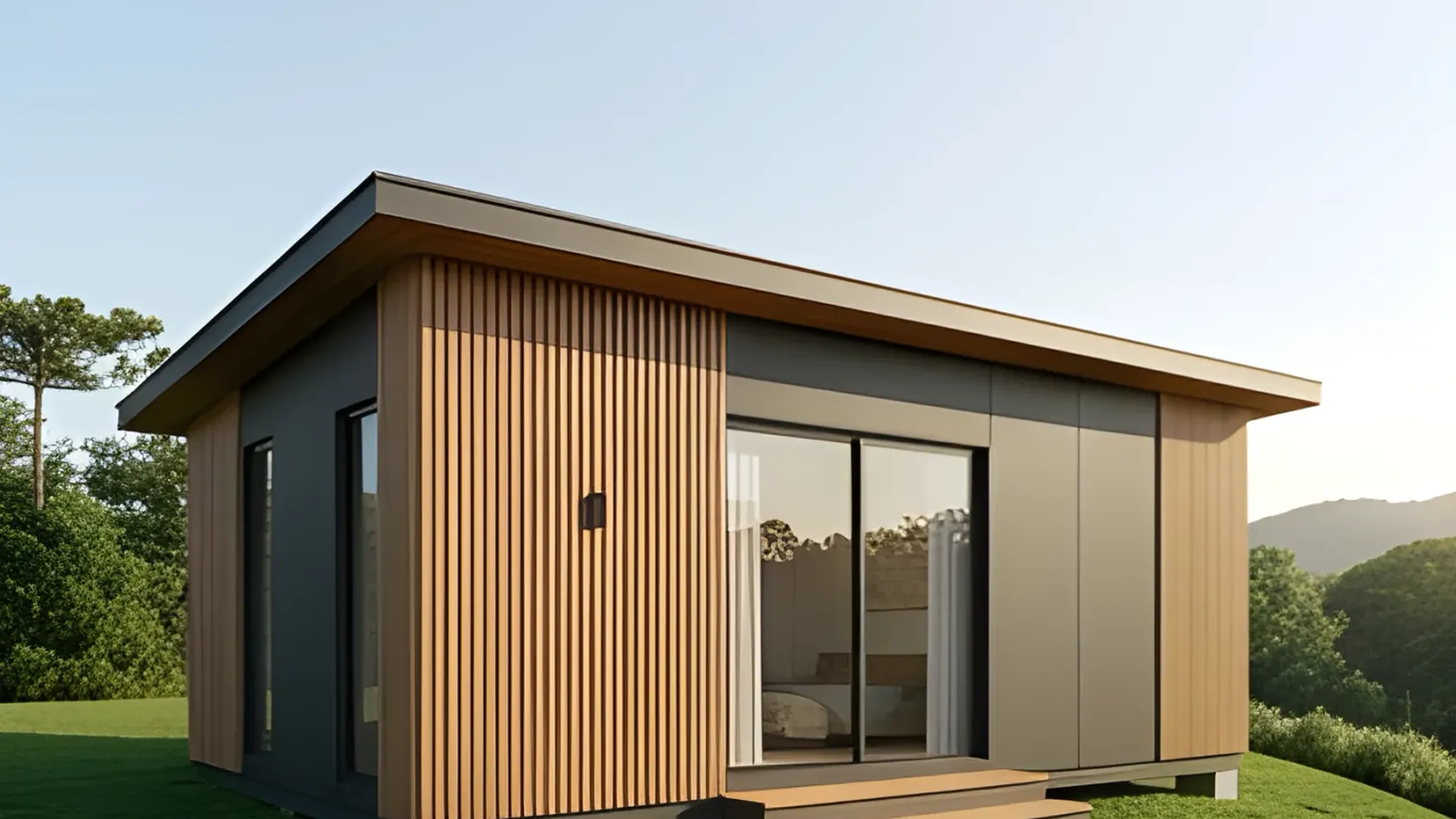 Casa modular Nativa de 35 m² com telhado de uma água, revestimento ripado em madeira e painéis grafite