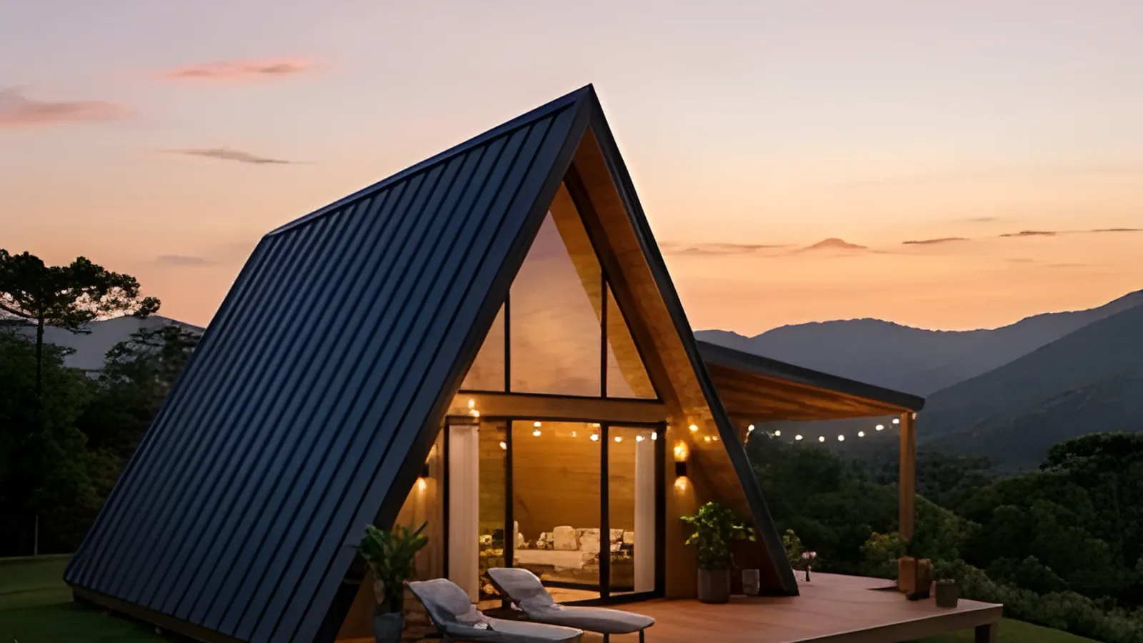 Chalé modular A-frame Aurora ao pôr do sol, com deck, espreguiçadeiras e varal de luzes