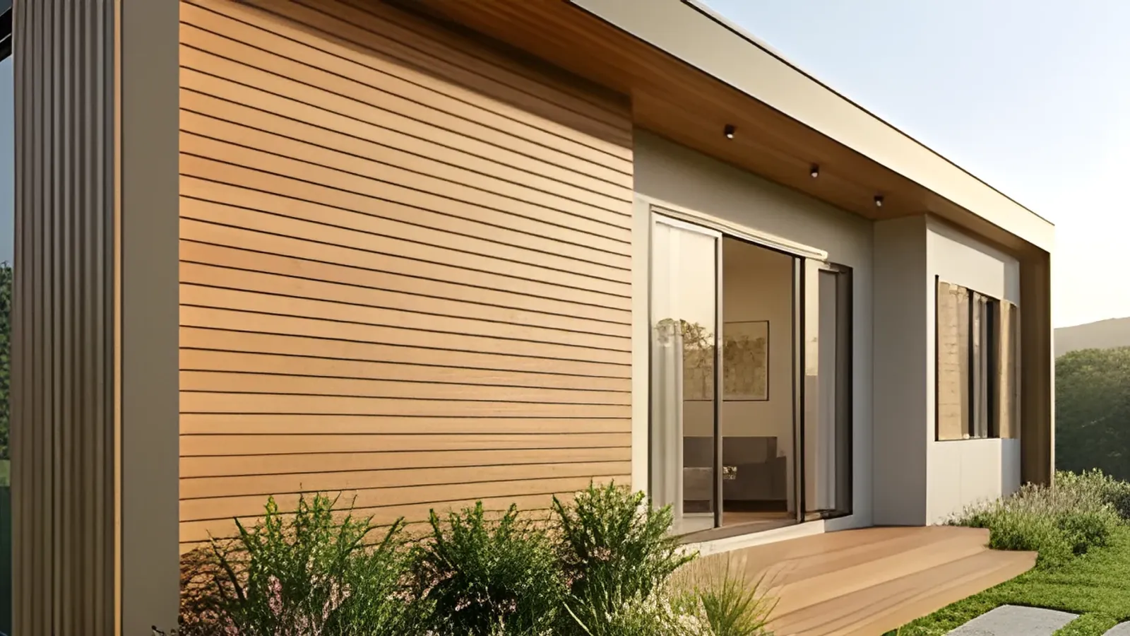 Casa modular com iluminação embutida no beiral ao entardecer, revestimento em madeira e esquadrias pretas