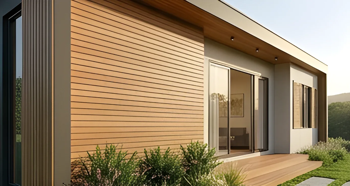 Detalhe de fachada de casa modular: madeira, esquadrias pretas e iluminação embutida no beiral ao entardecer