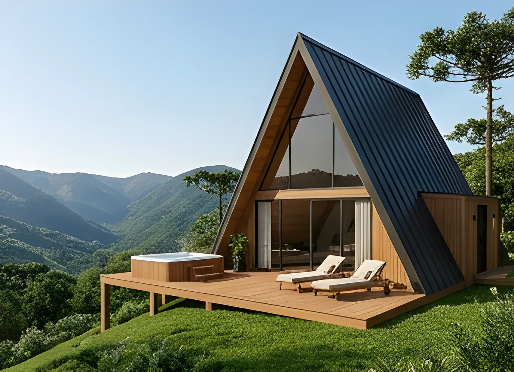 Chalé modular Montanha da In House, em A-frame com fachada envidraçada, deck e vista para as montanhas de Santa Catarina