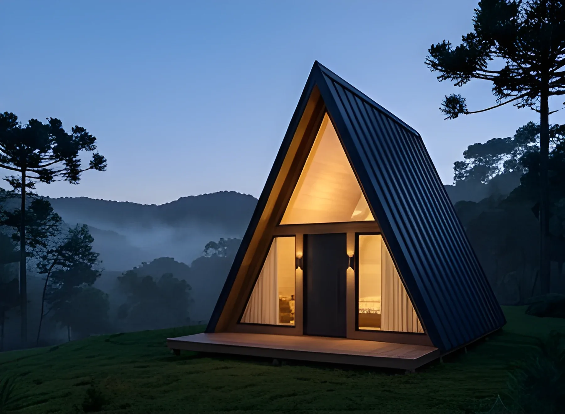 Chalé modular A-frame iluminado à noite em meio às araucárias e à neblina, ideal para hospedagem e Airbnb